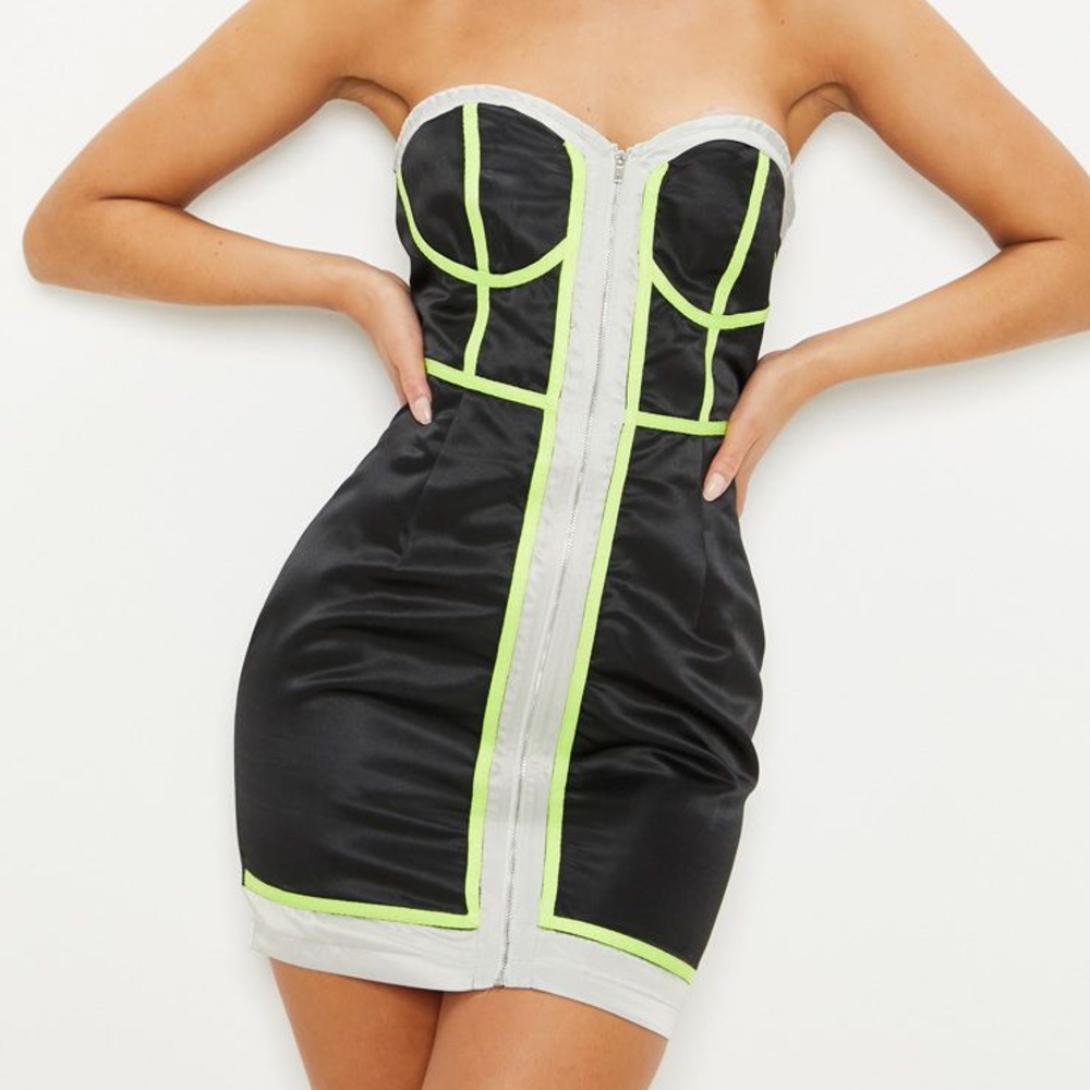 Black satin contrast binding bodycon dress